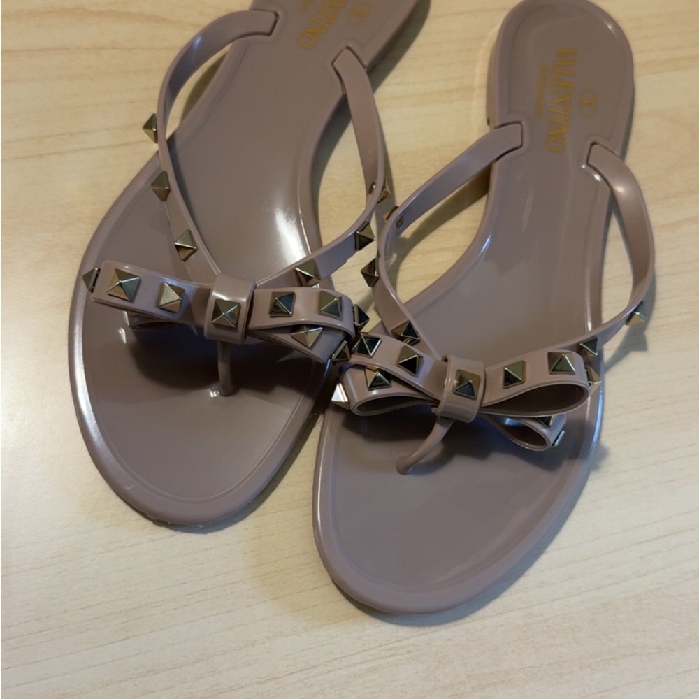 Valentino Rockstud PVC Flat Thong Women's Tan Sandals